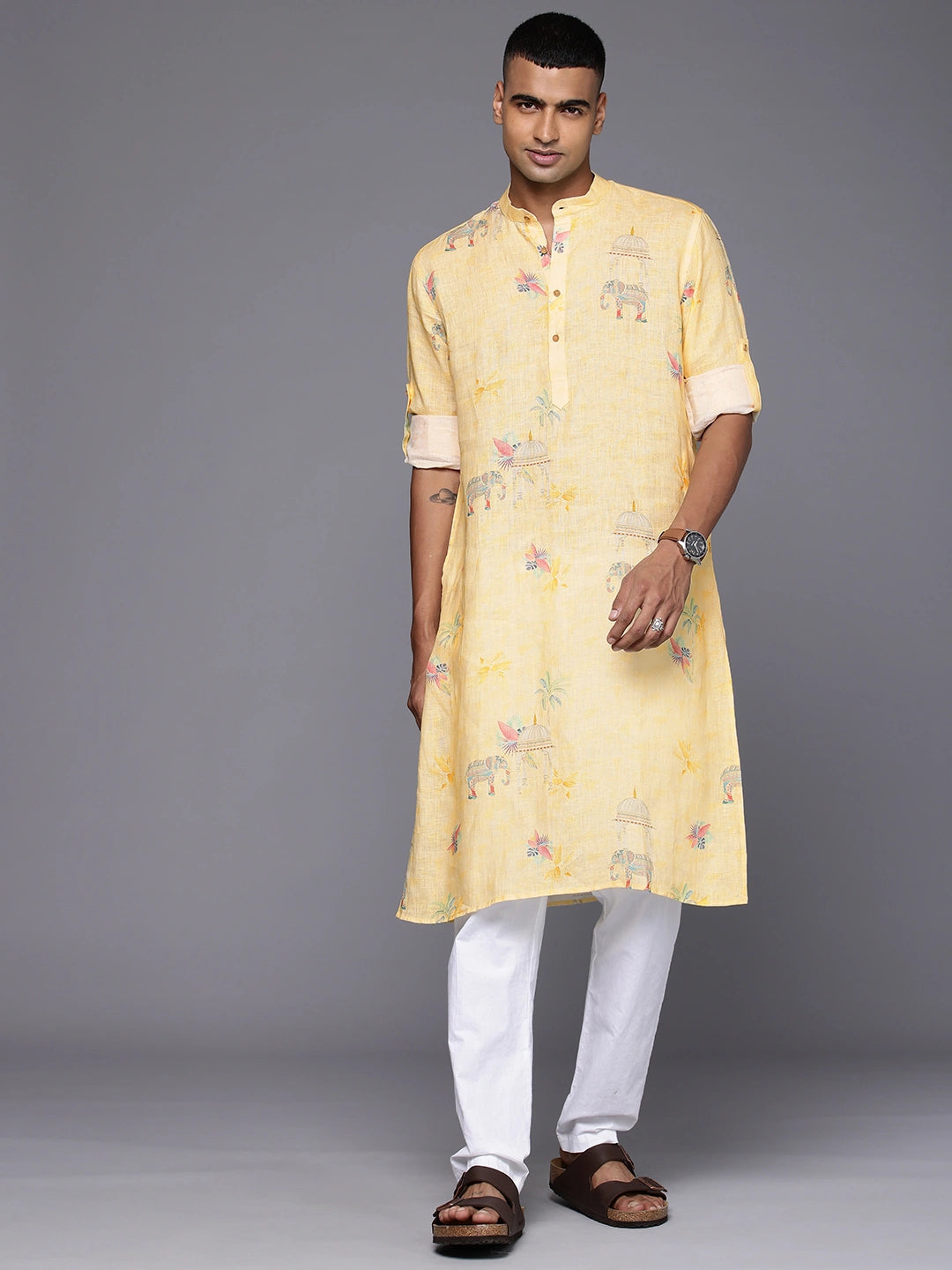 Black Model wearing Yellow Elephant Print linen Kurta by Brand Patrah