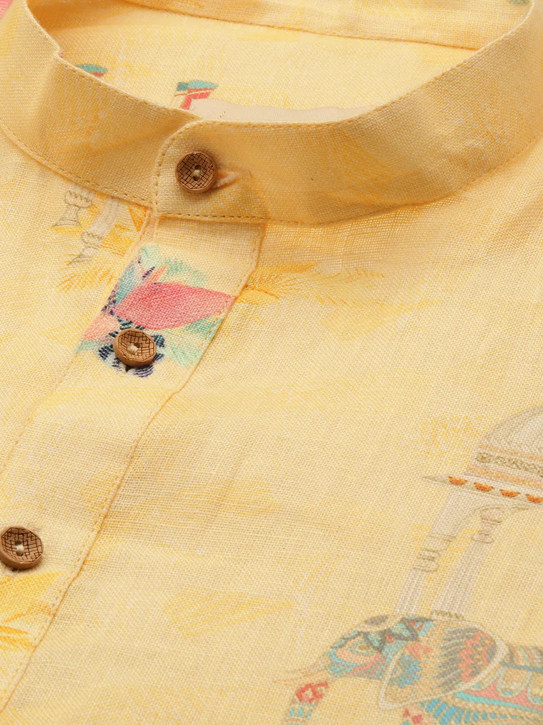 Close up of Yellow Elephant Print linen Kurta by Brand Patrah