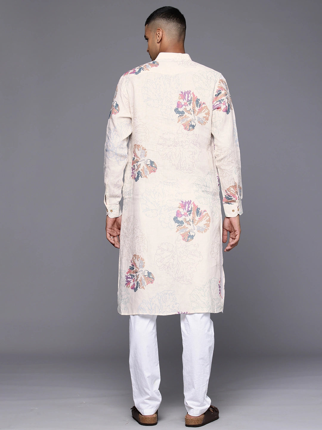 Model facing backwards wearing White Pure Linen Printed Kurta by Brand Patrah