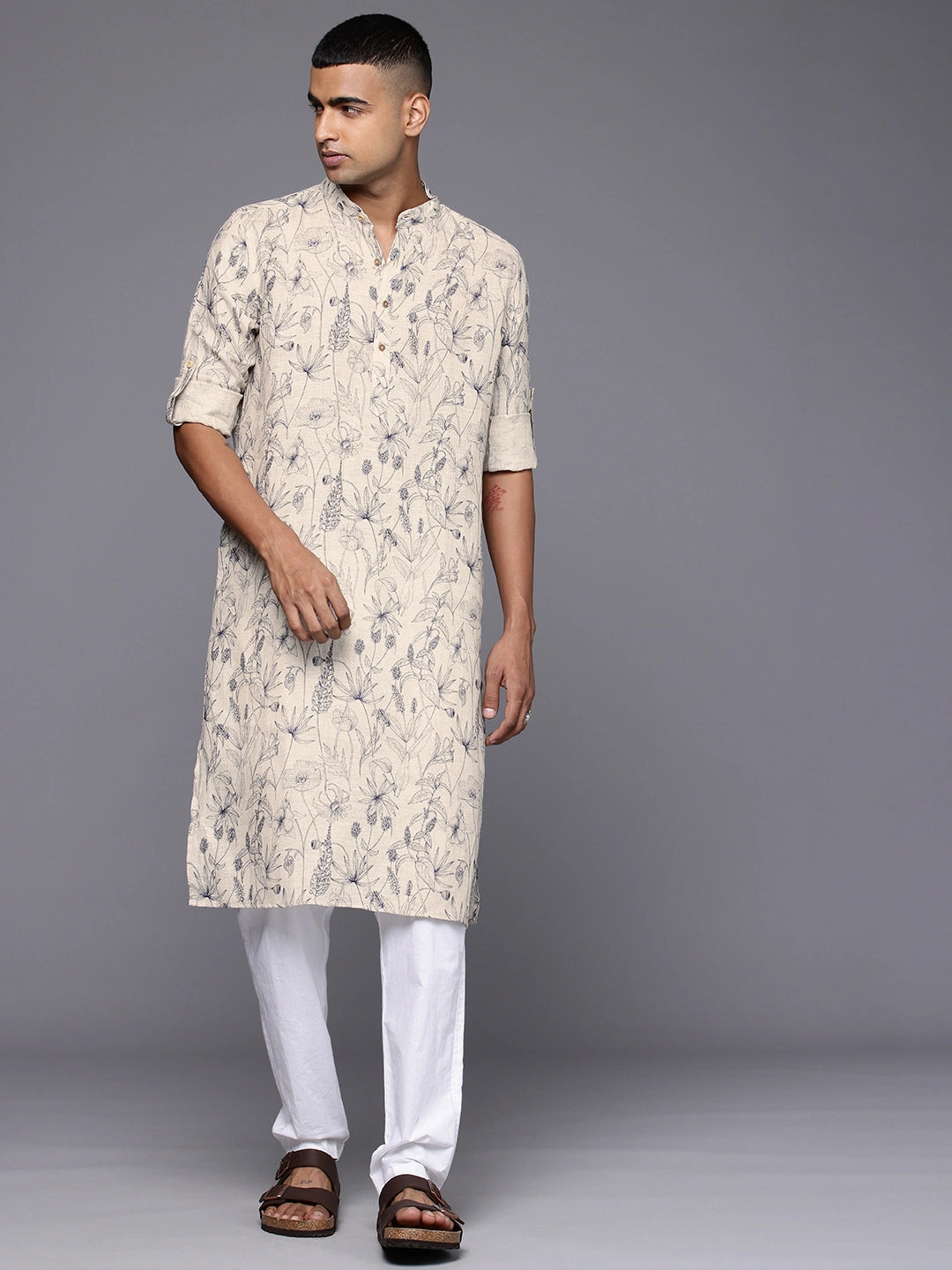 Model Looking sideways wearing Natural Monochrome Veil Print Kurta by Brand Patrah
