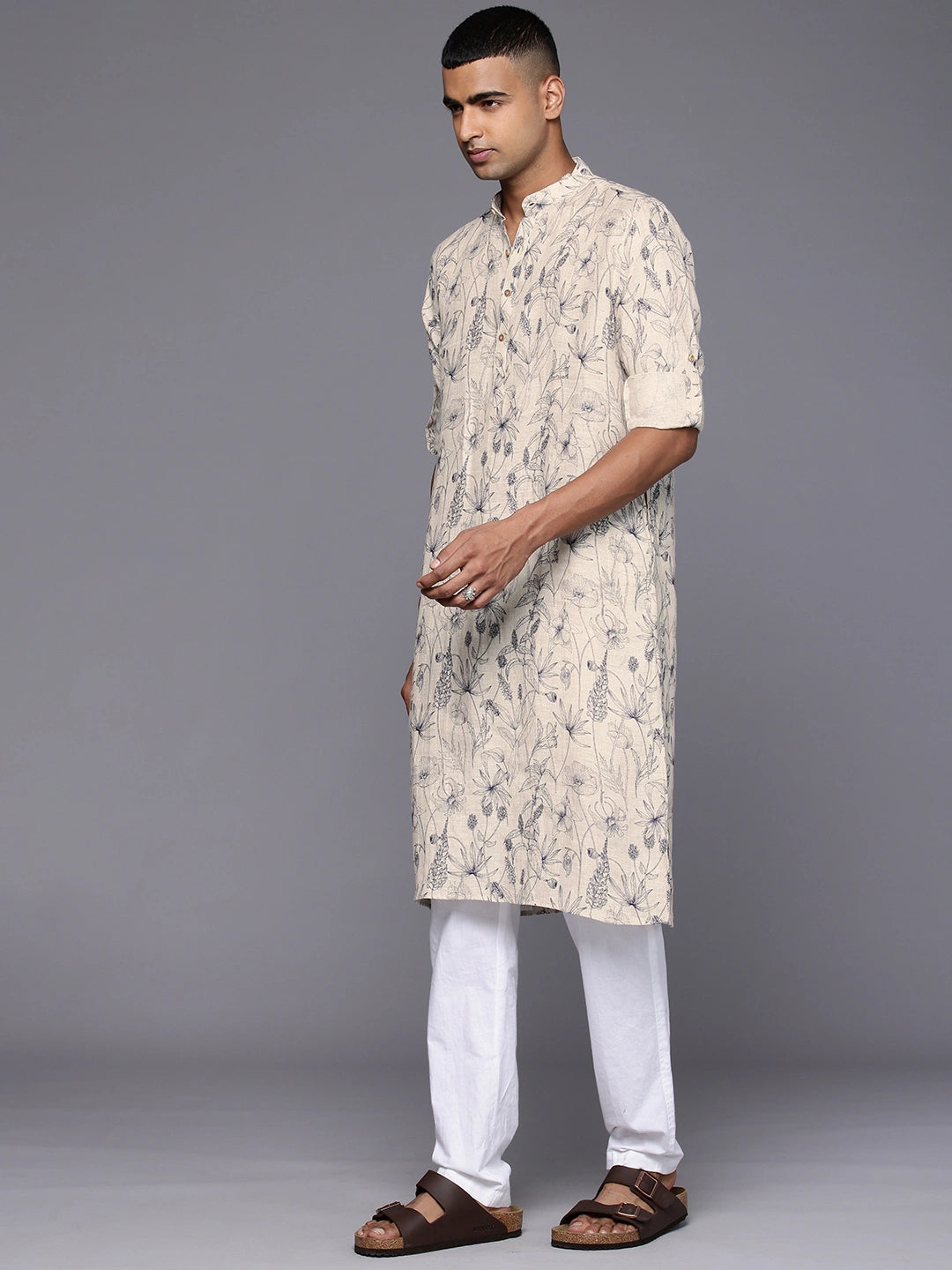 Model Looking sideways wearing Natural Monochrome Veil Print Kurta by Brand Patrah
