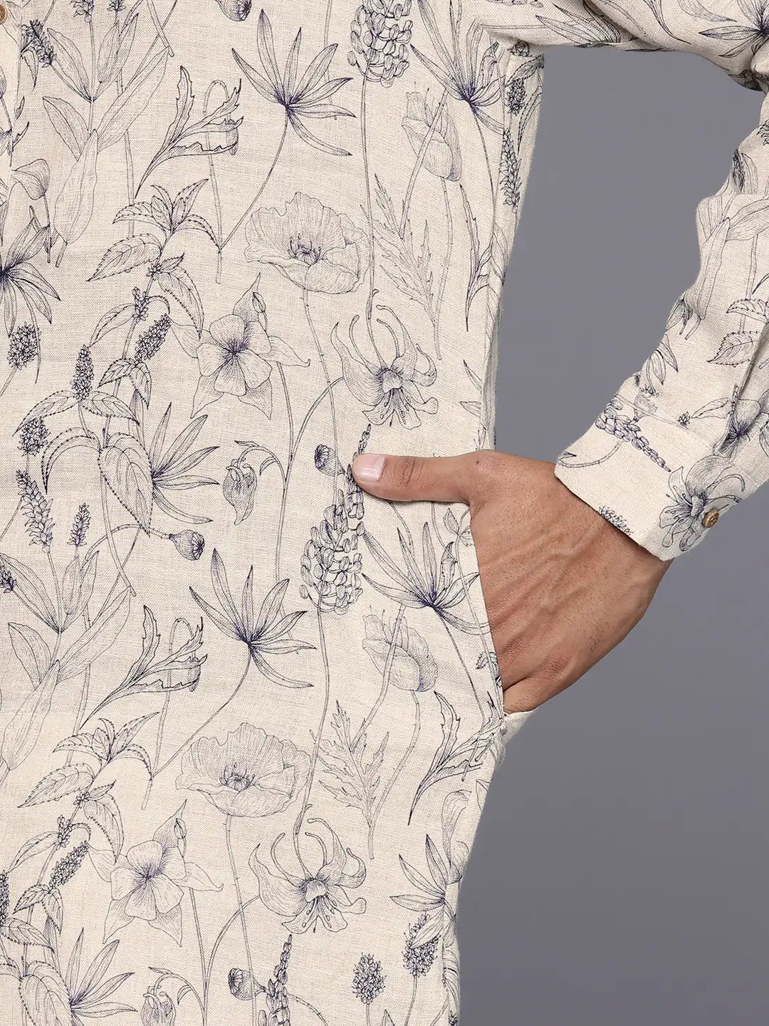 Close up of White Natural Monochrome Veil Print Kurta by Brand Patrah