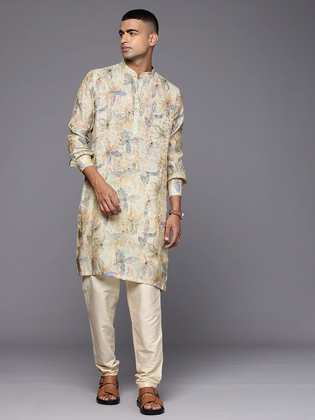Model Looking sideways wearing Printed Jaquard Silk Kurta by Brand Patrah