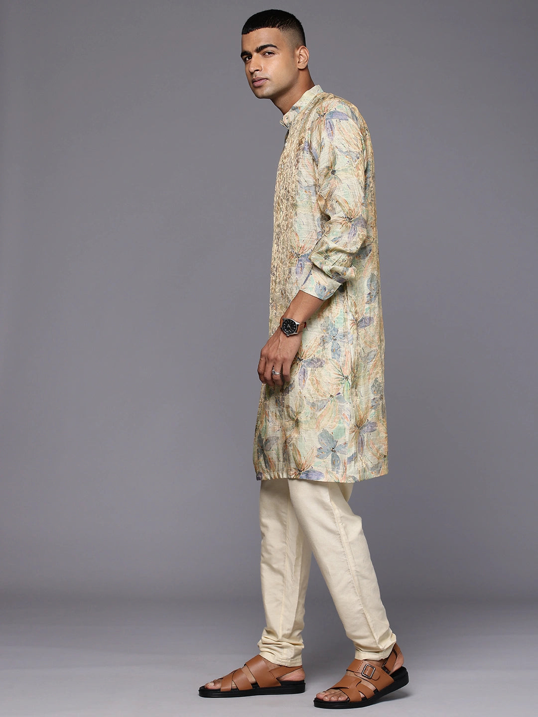 Model Looking sideways wearing Printed Jaquard Silk Kurta by Brand Patrah