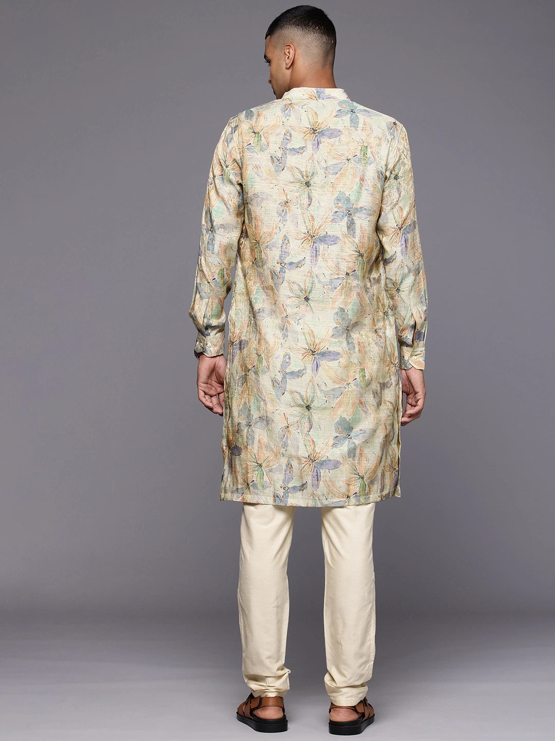 Model facing backwards wearing Printed Jaquard Silk Kurta by Brand Patrah