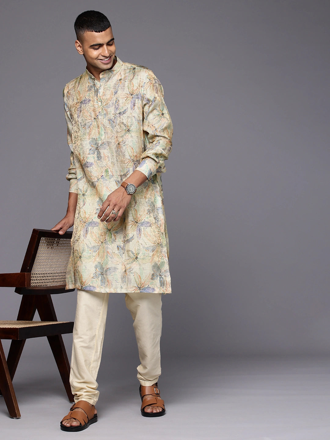 Model Looking sideways wearing Printed Jaquard Silk Kurta by Brand Patrah