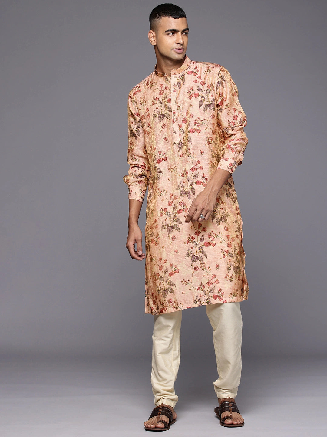 Model Looking sideways wearing Pink Abstract Floral Print Silk Kurta by Brand Patrah