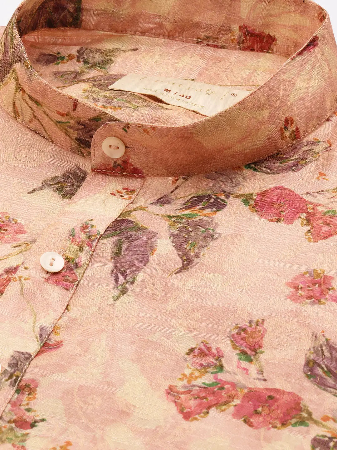 Close up of Pink Abstract Floral Print Silk Kurta by Brand Patrah