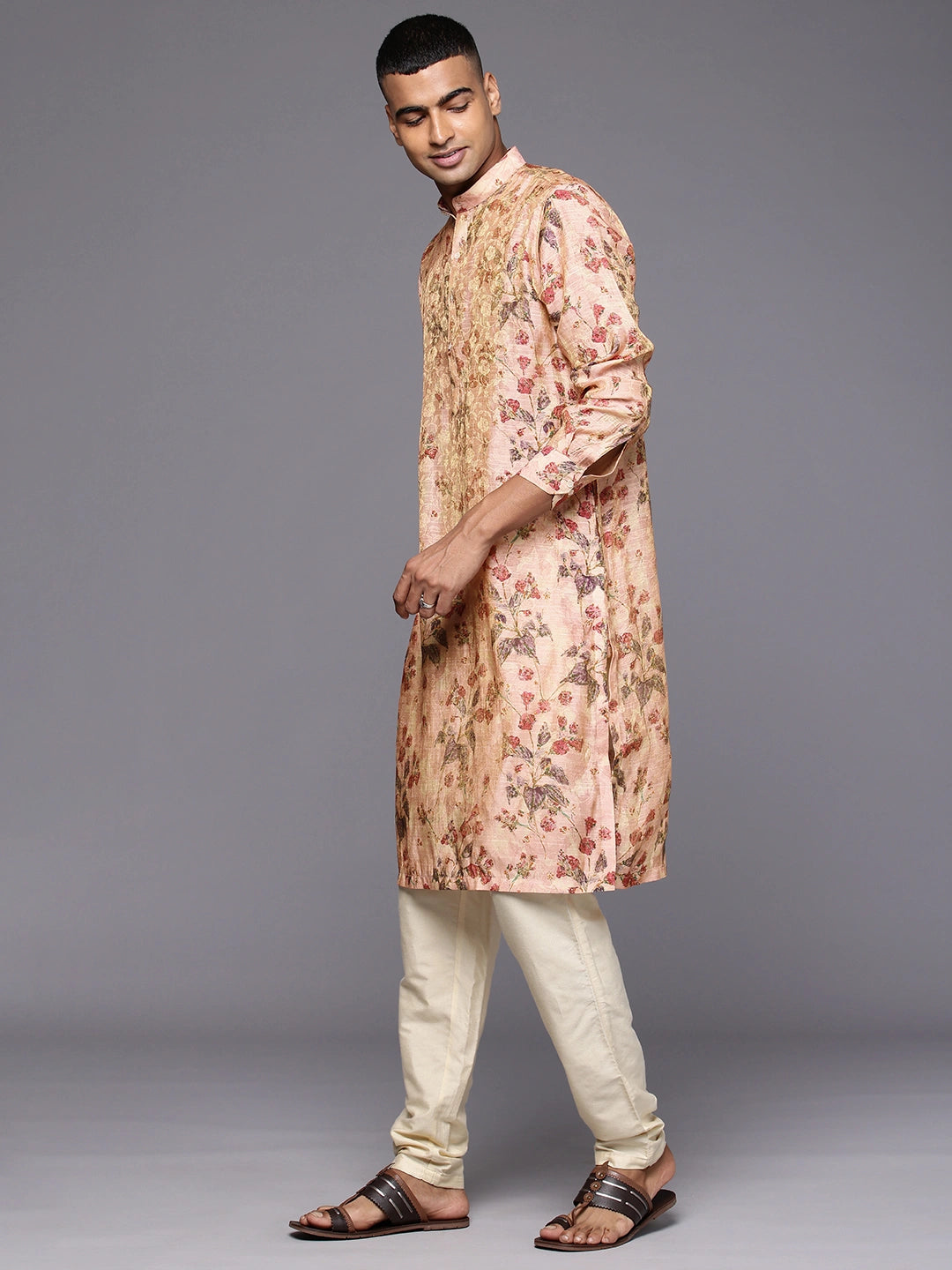 Model Looking sideways wearing Pink Abstract Floral Print Silk Kurta by Brand Patrah