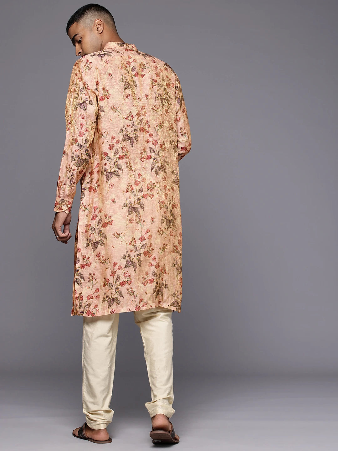 Model facing backwards wearing Pink Abstract Floral Print Silk Kurta by Brand Patrah