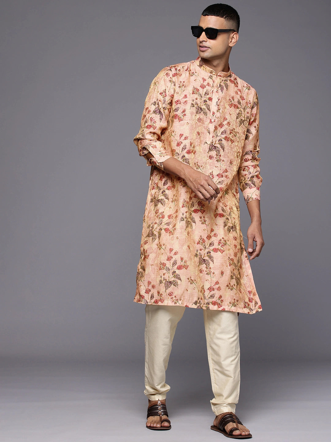 Model Looking sideways wearing Pink Abstract Floral Print Silk Kurta by Brand Patrah