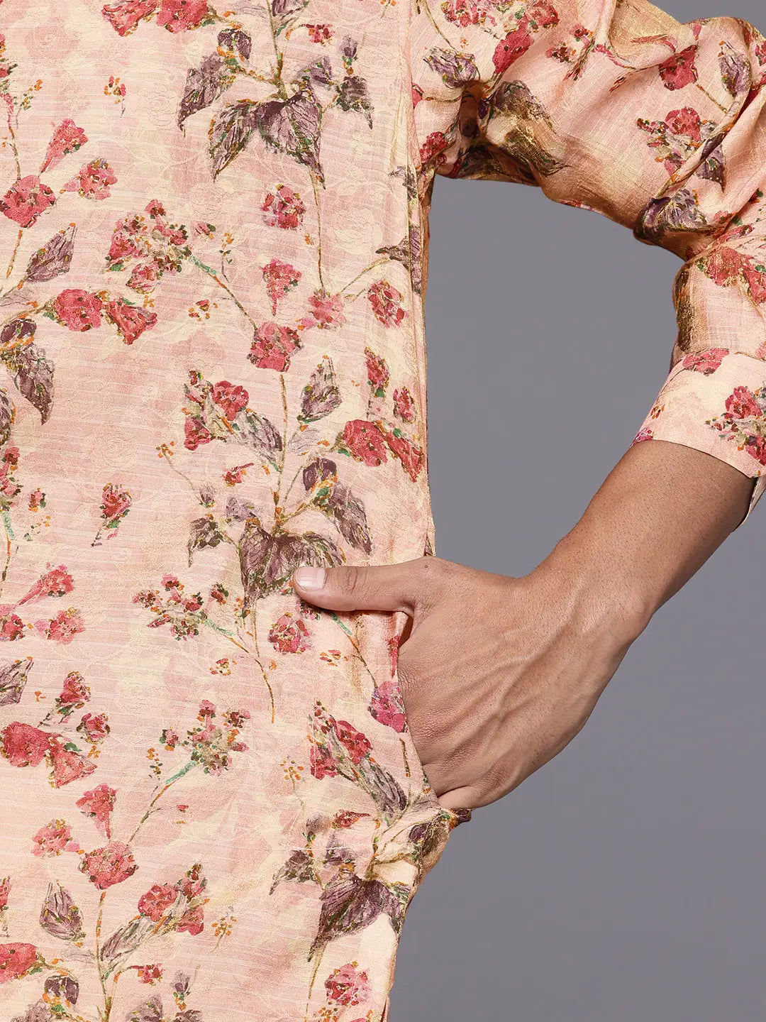 Close up of Pink Abstract Floral Print Silk Kurta by Brand Patrah
