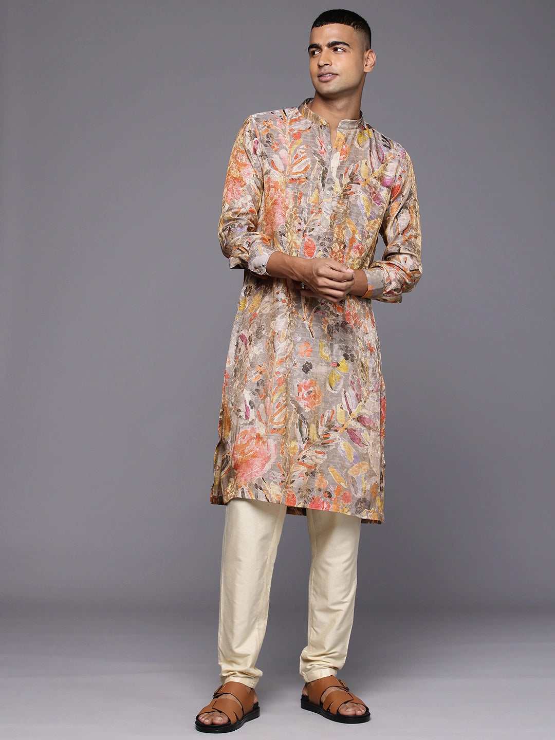 Model Looking sideways wearing Grey Abstract Floral Print Silk Kurta by Brand Patrah