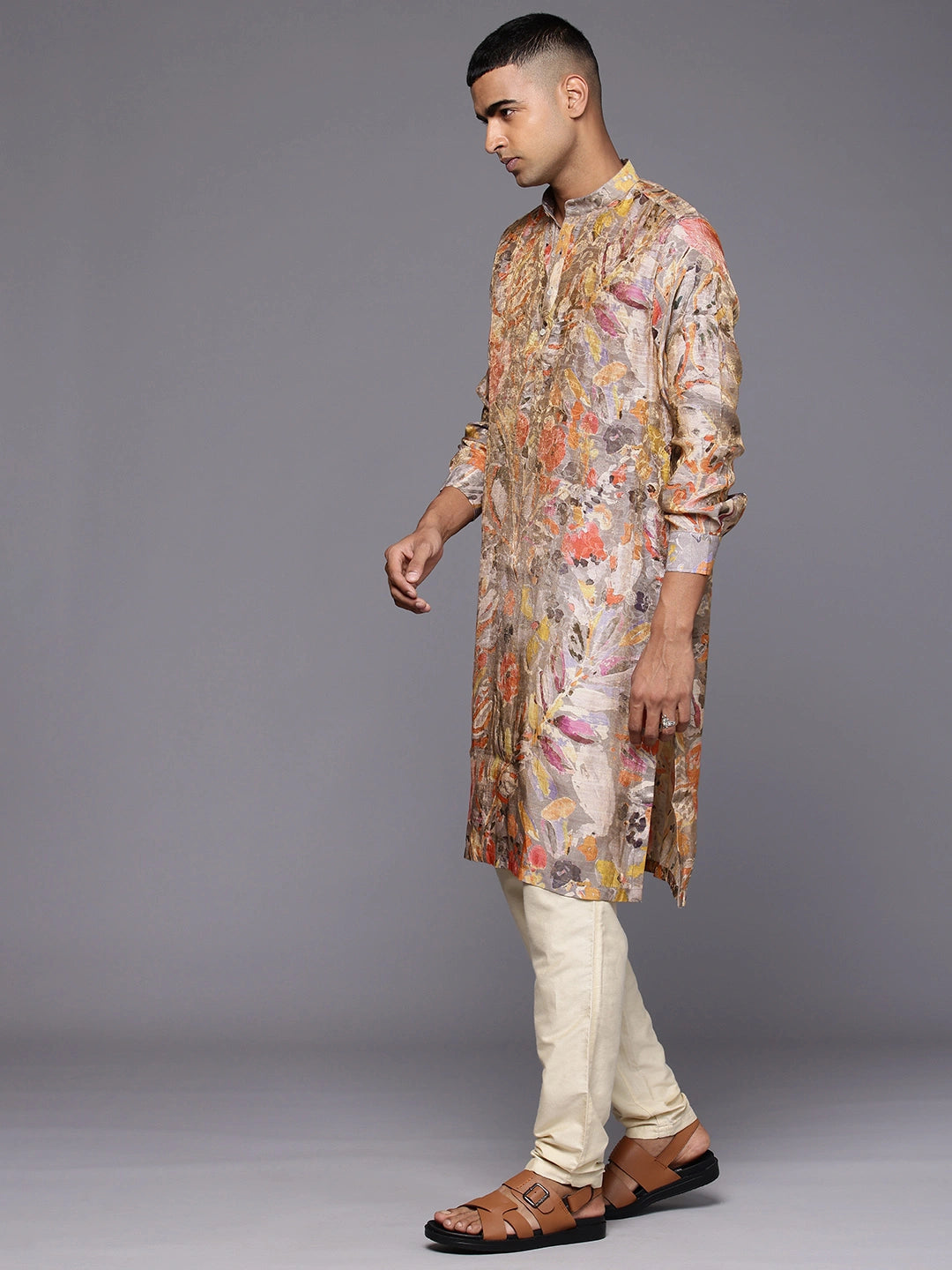 Black Model wearing Grey Abstract Floral Print Silk Kurta by Brand Patrah