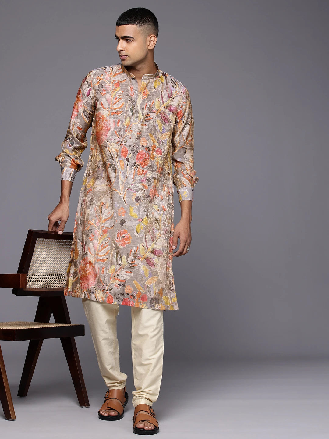 Model Looking sideways wearing Grey Abstract Floral Print Silk Kurta by Brand Patrah