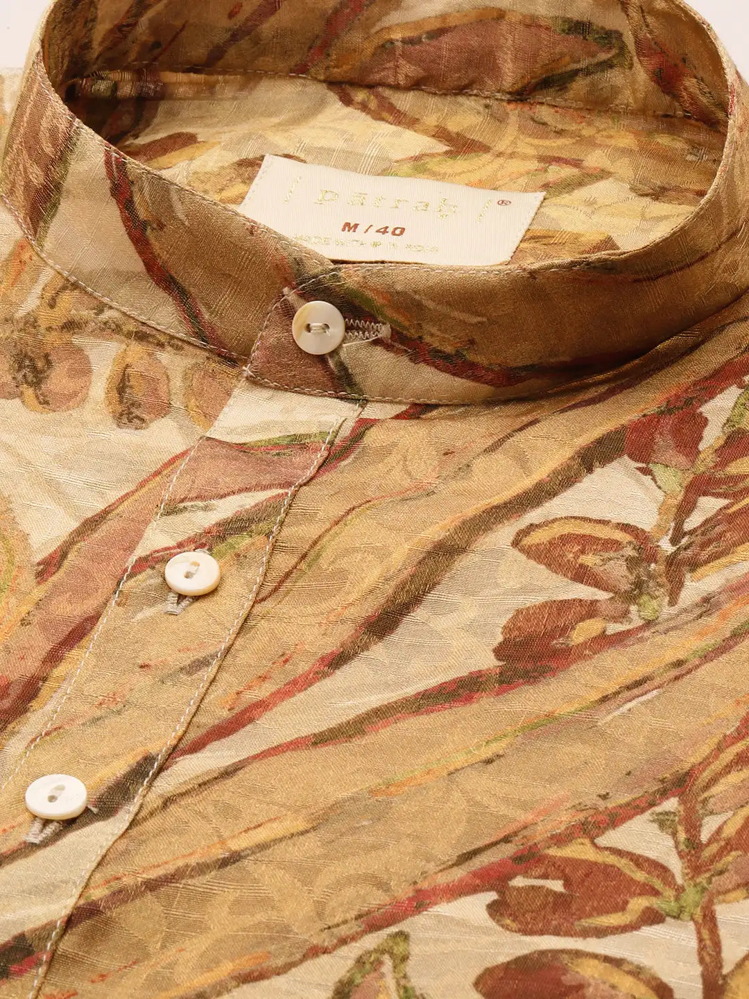 Close up of Golden Maroon Abstract Floral Print Silk Kurta by Brand Patrah