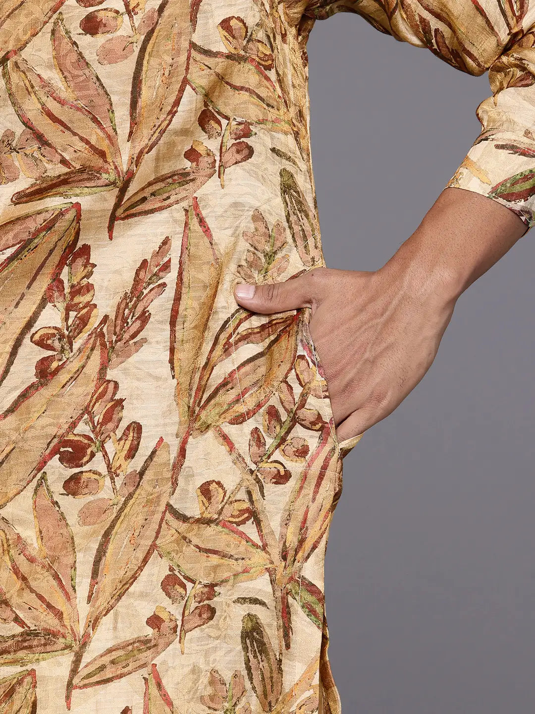 Close up of Golden Maroon Abstract Floral Print Silk Kurta by Brand Patrah