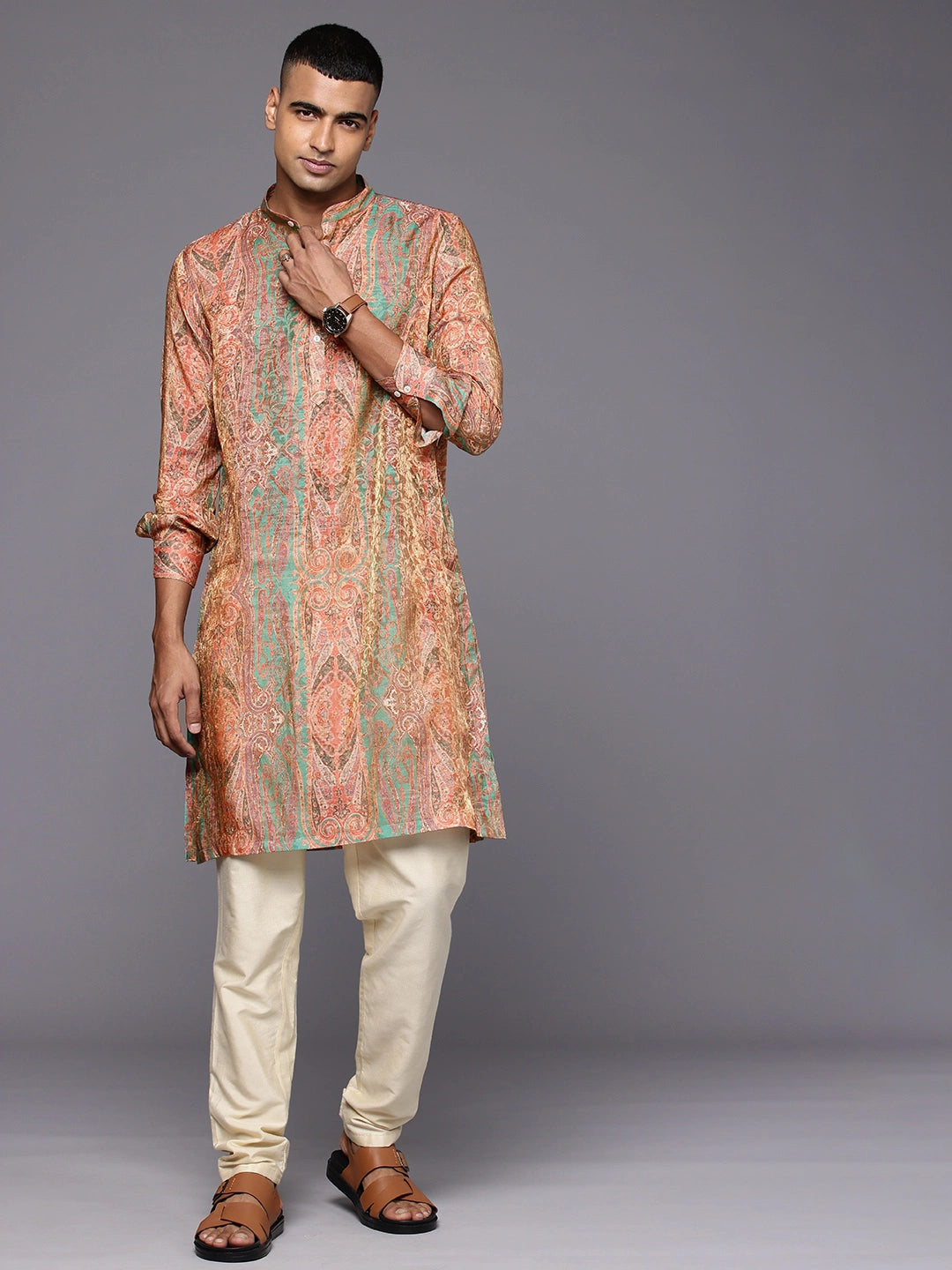 Black Model wearing Paisely Green Abstract Print Silk Kurta by Brand Patrah