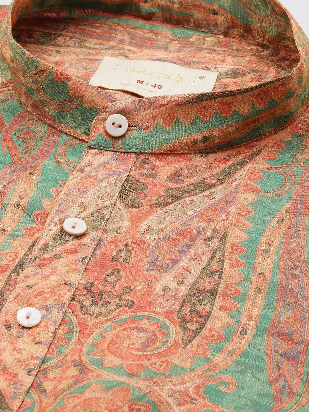 Close up of Paisely Green Abstract Print Silk Kurta by Brand Patrah