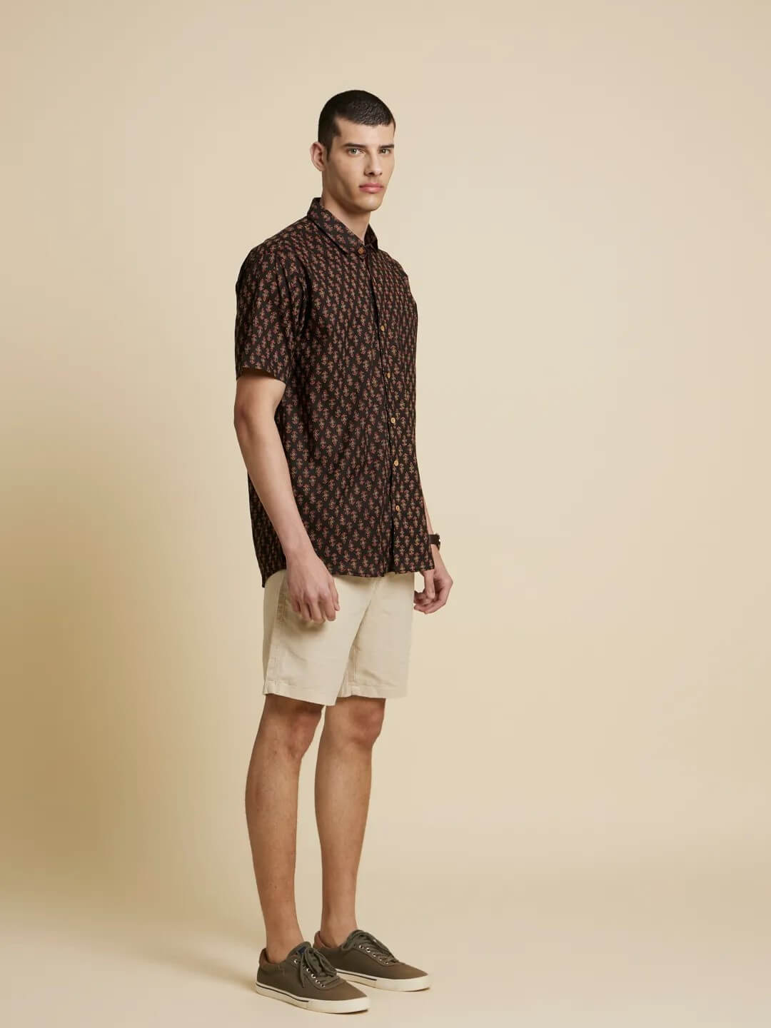 White Model wearing Boho Black Printed Shirt by Brand Patrah