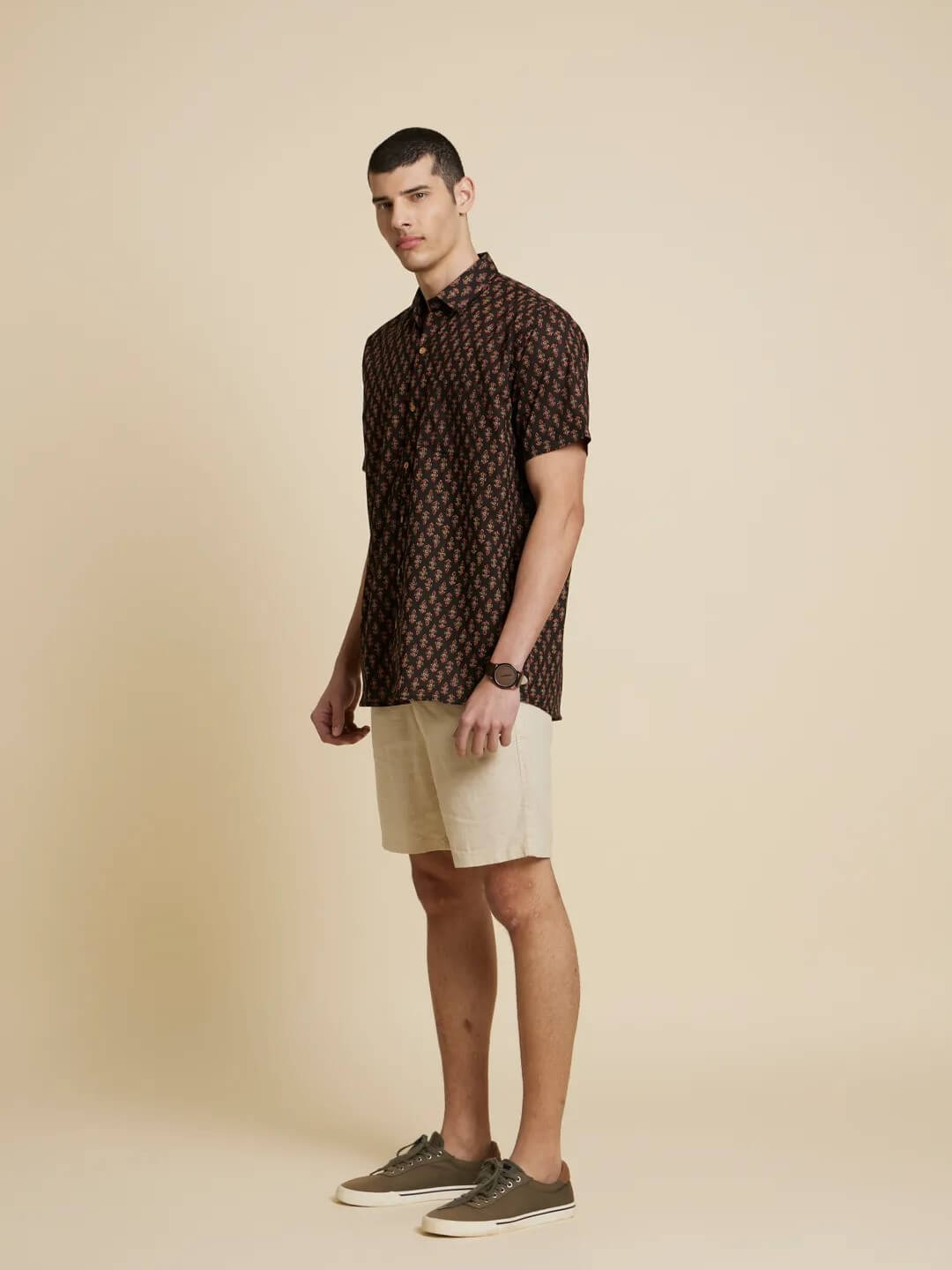 White Model wearing Boho Black Printed Shirt by Brand Patrah