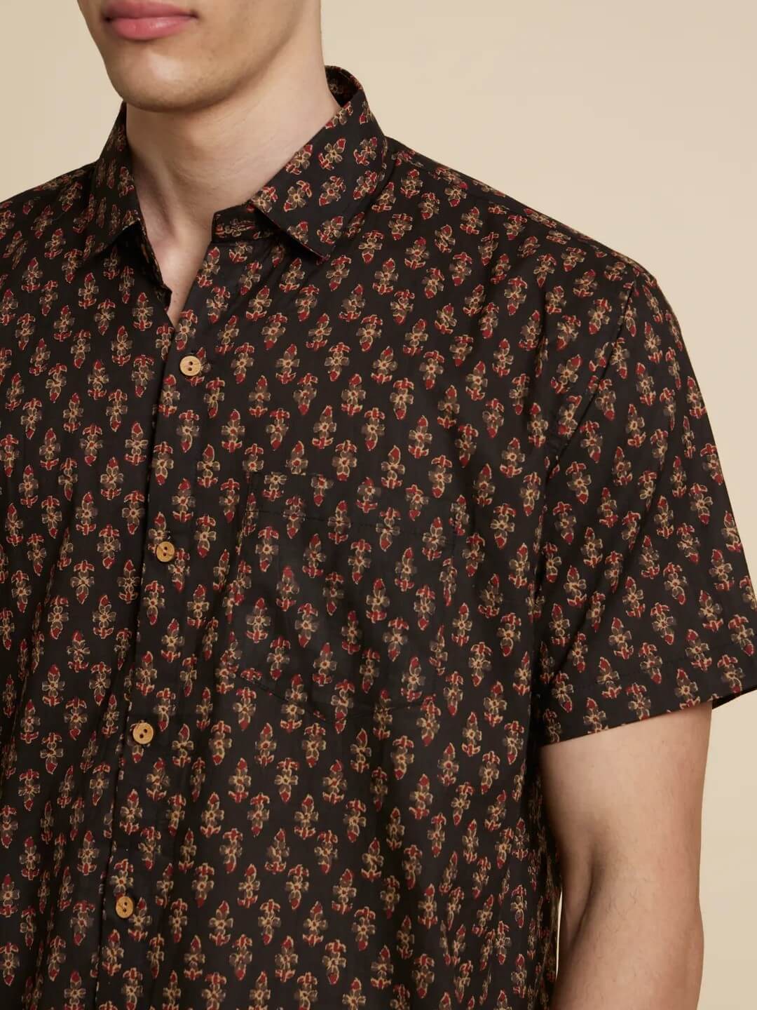 Close up of Boho Black Printed Shirt by Brand Patrah