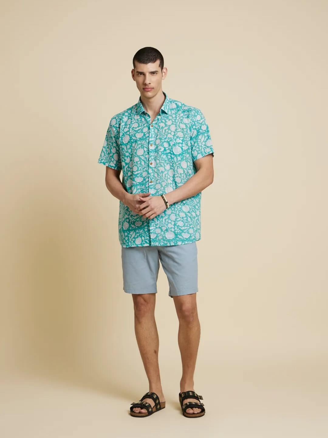 White Model wearing Botanical Floral Handblock Printed Shirt by Brand Patrah