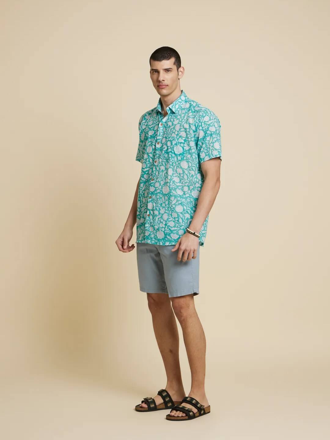 White Model wearing Botanical Floral Handblock Printed Shirt by Brand Patrah