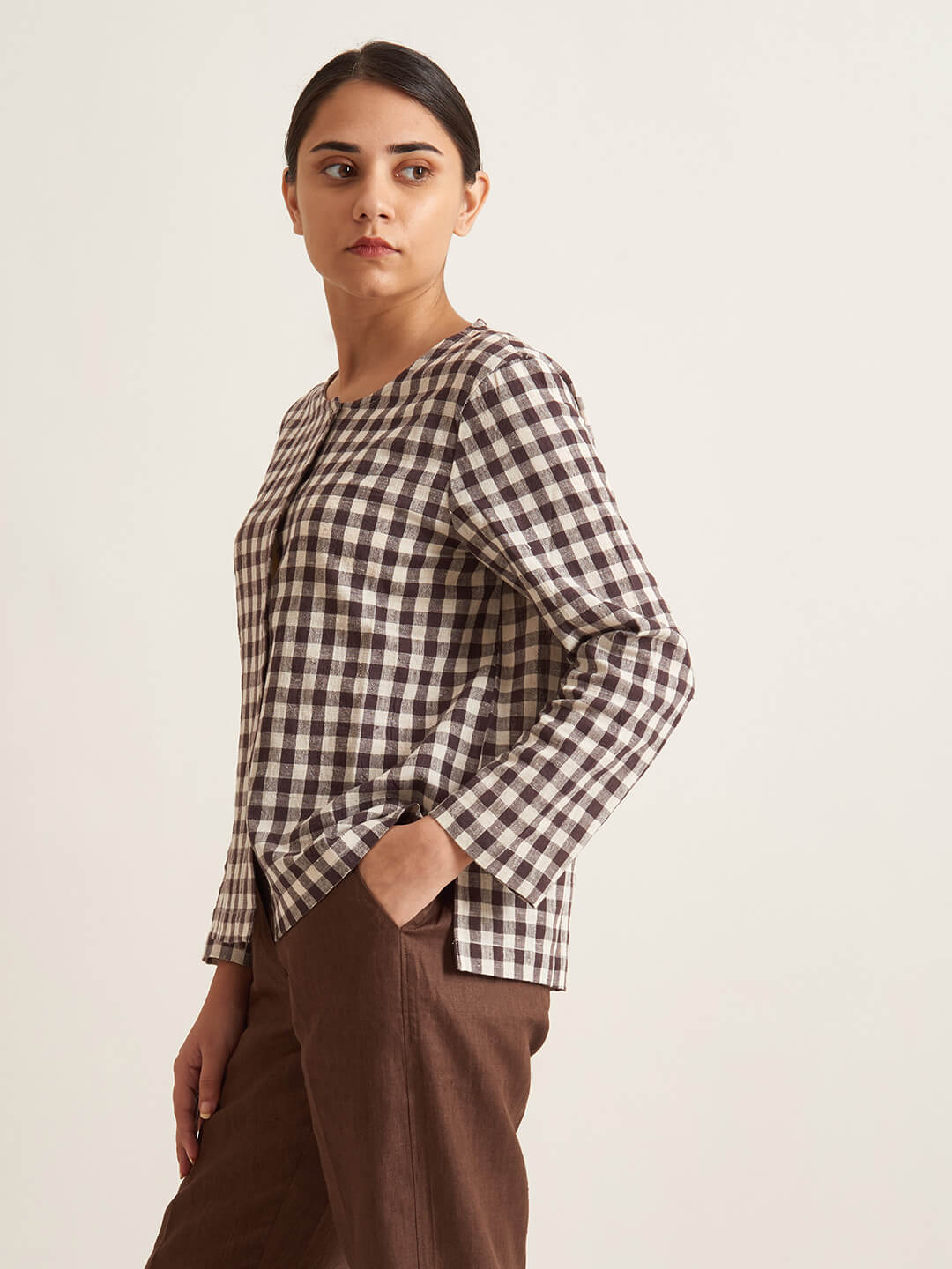Collarless checkered shirt