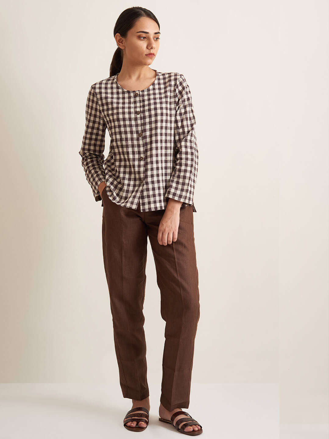 Collarless checkered shirt