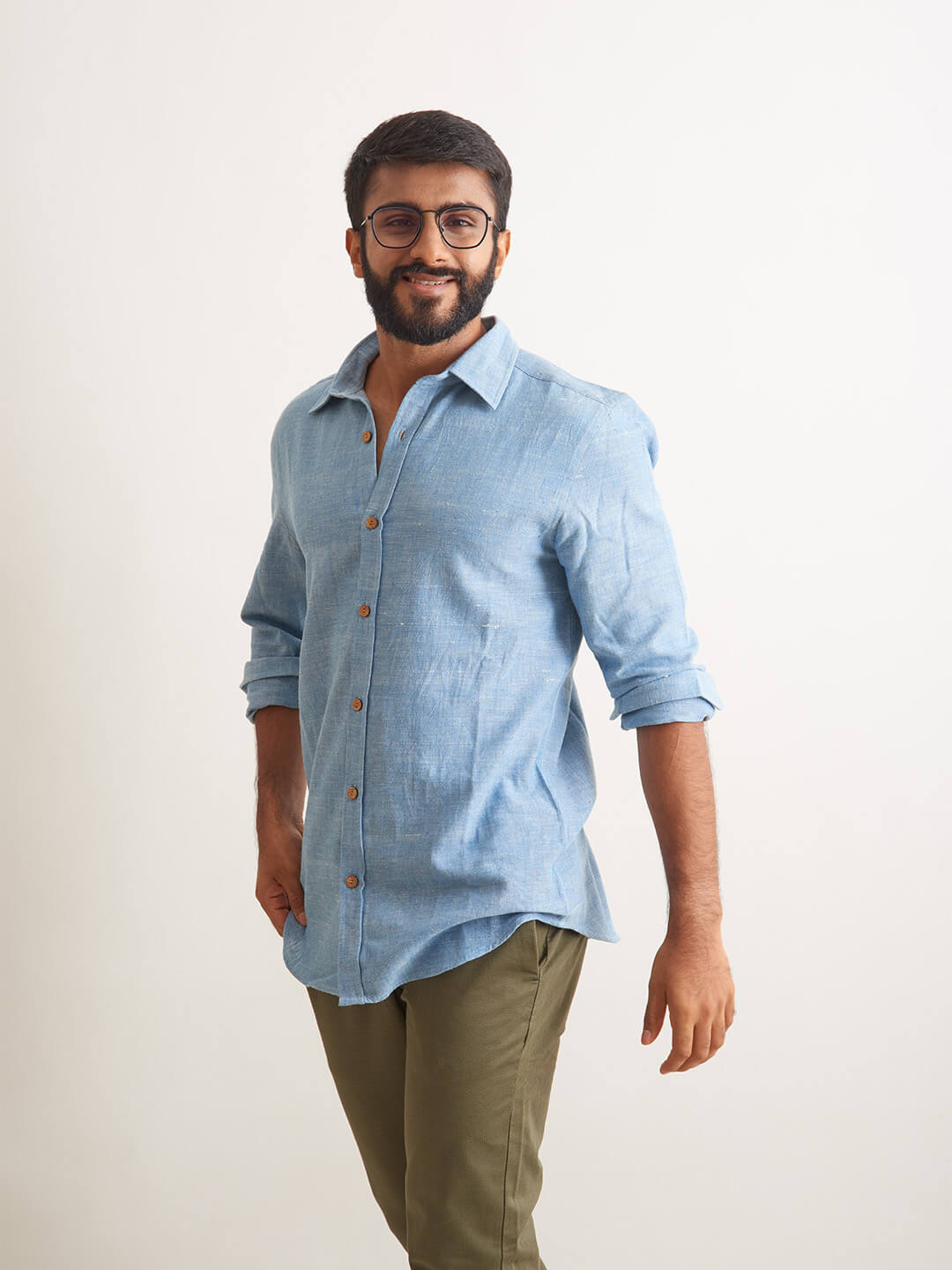 Brown Model wearing Clear Sky Handloom Shirt by Brand Patrah