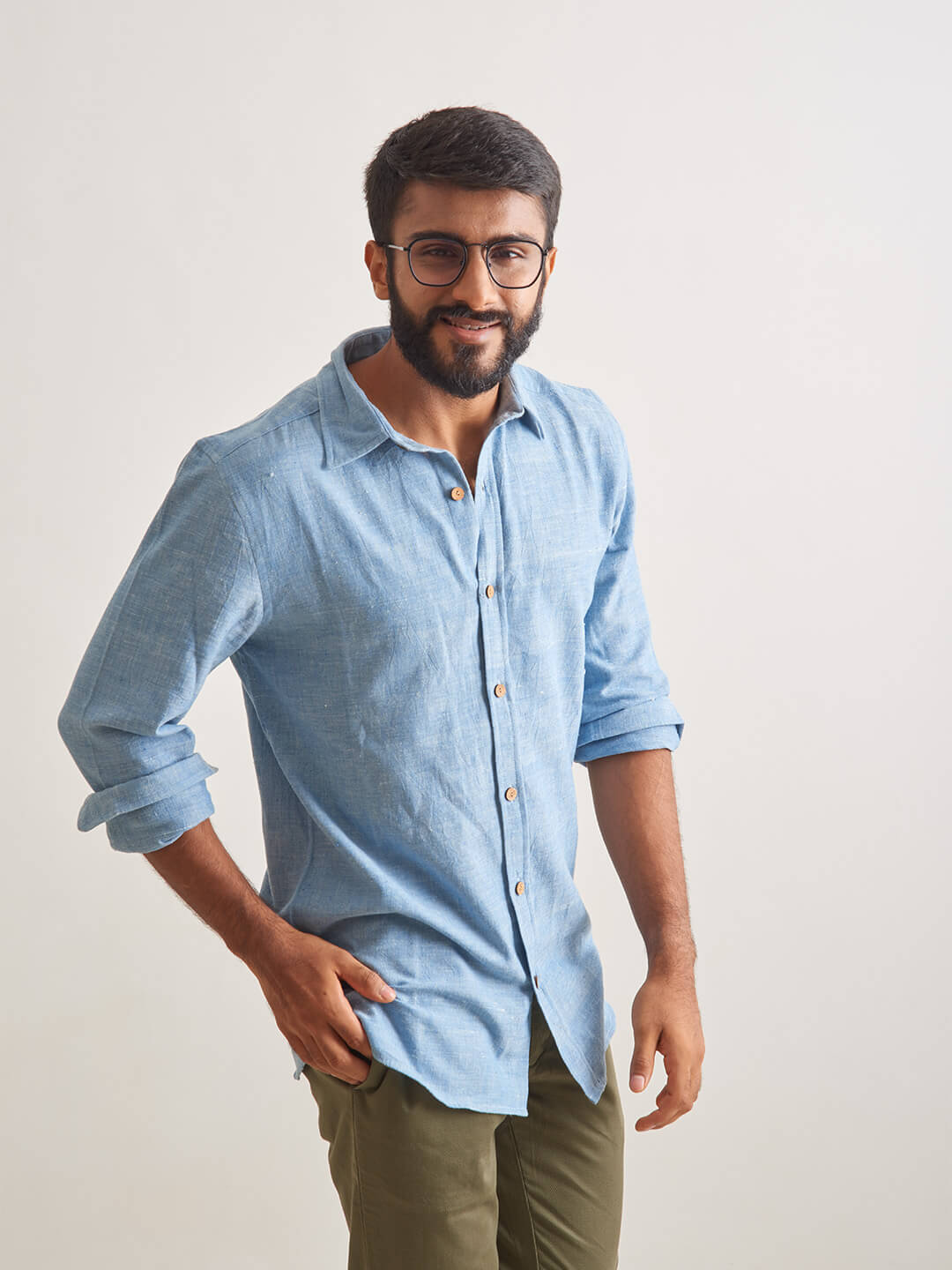 Brown Model wearing Clear Sky Handloom Shirt by Brand Patrah
