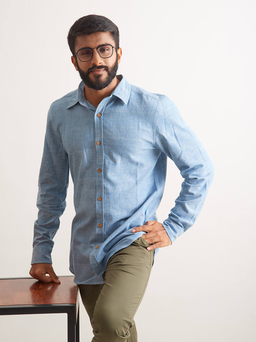 Brown Model wearing Clear Sky Handloom Shirt by Brand Patrah