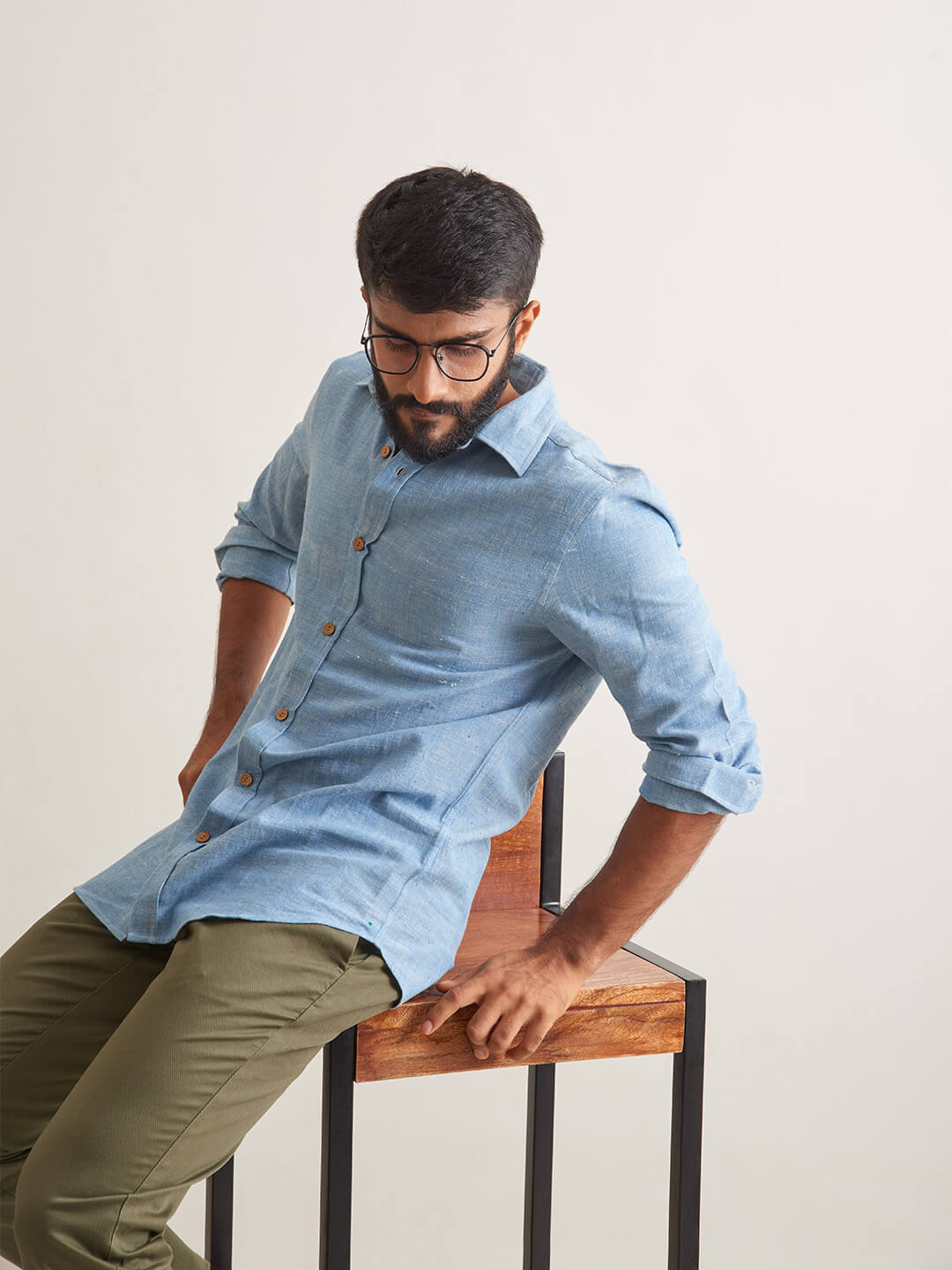 Brown Model wearing Clear Sky Handloom Shirt by Brand Patrah