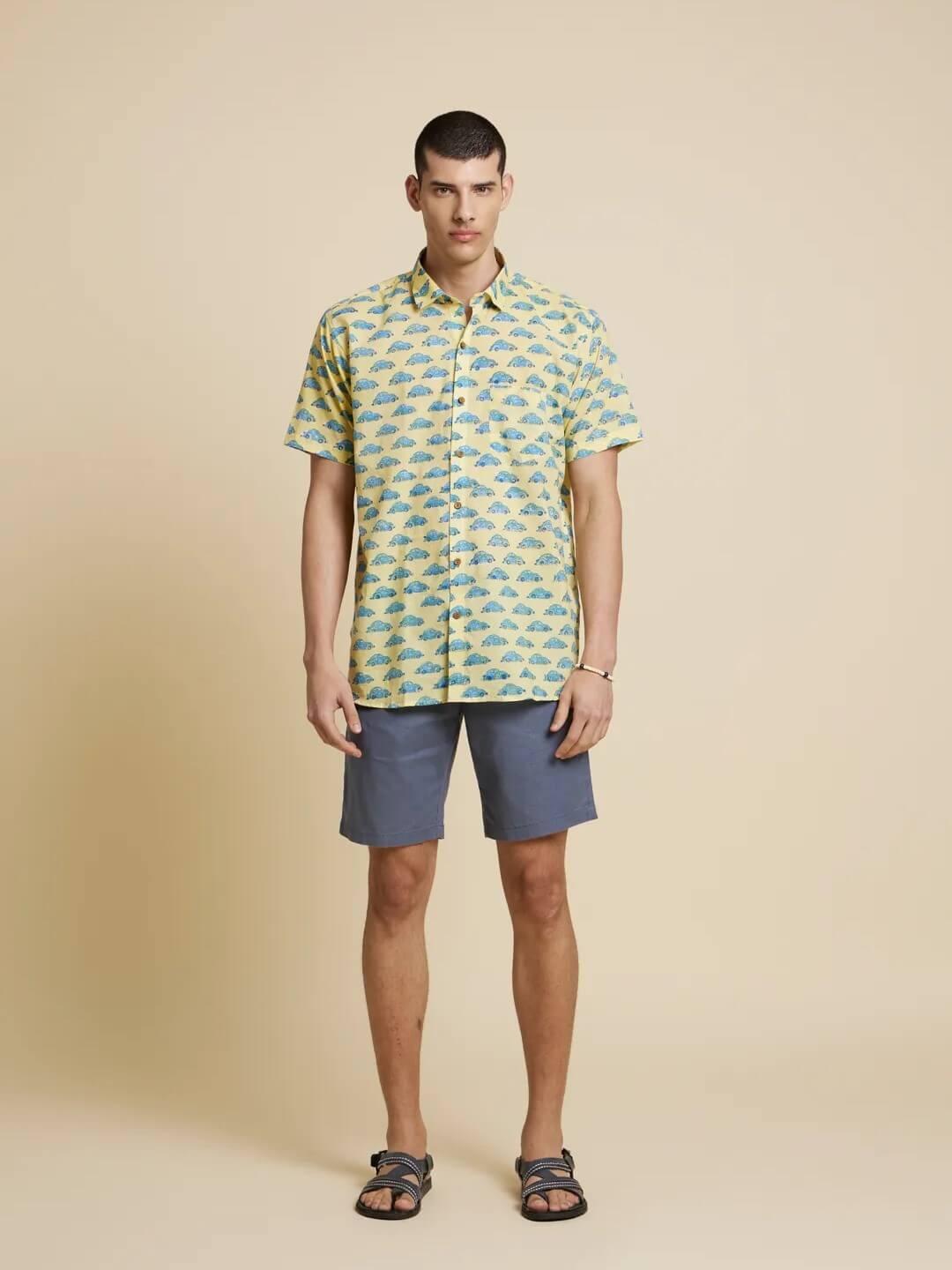 White Model wearing Green and Blue Car Handblock Printed Shirt by Brand Patrah