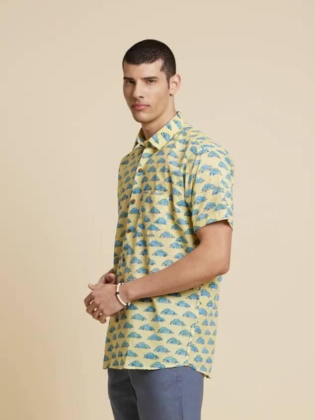 White Model wearing Green and Blue Car Handblock Printed Shirt by Brand Patrah