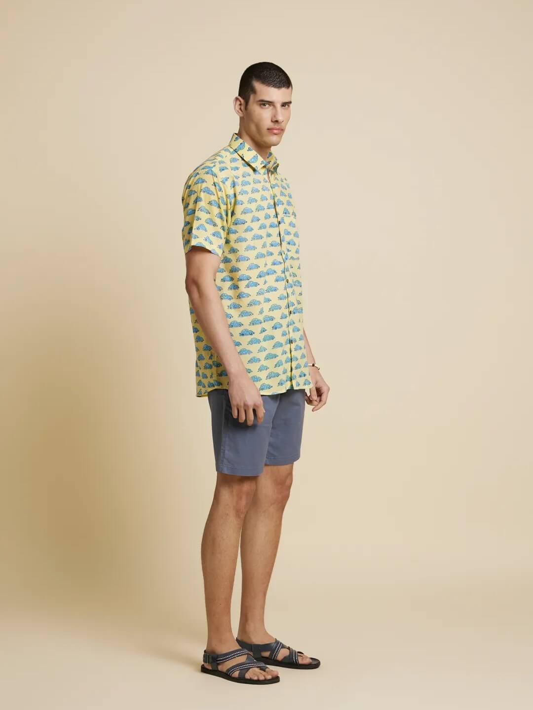White Model wearing Green and Blue Car Handblock Printed Shirt by Brand Patrah