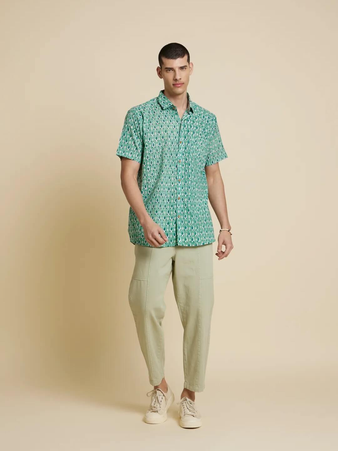 White Model wearing Holiday Handblock Printed Shirt by Brand Patrah