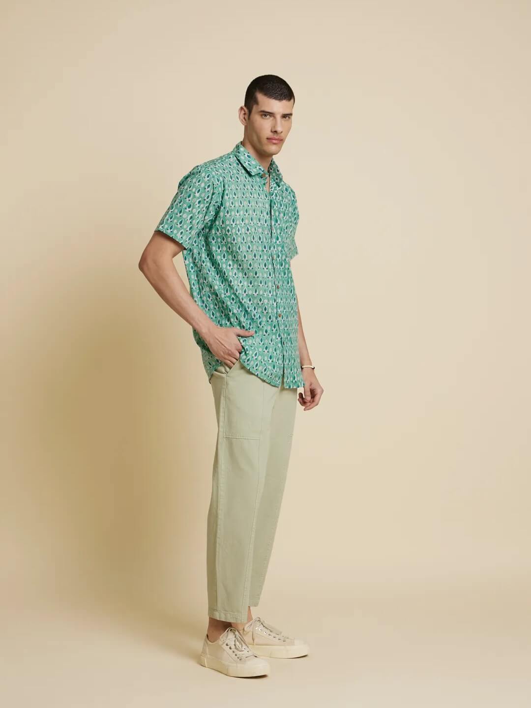 White Model wearing Holiday Handblock Printed Shirt by Brand Patrah