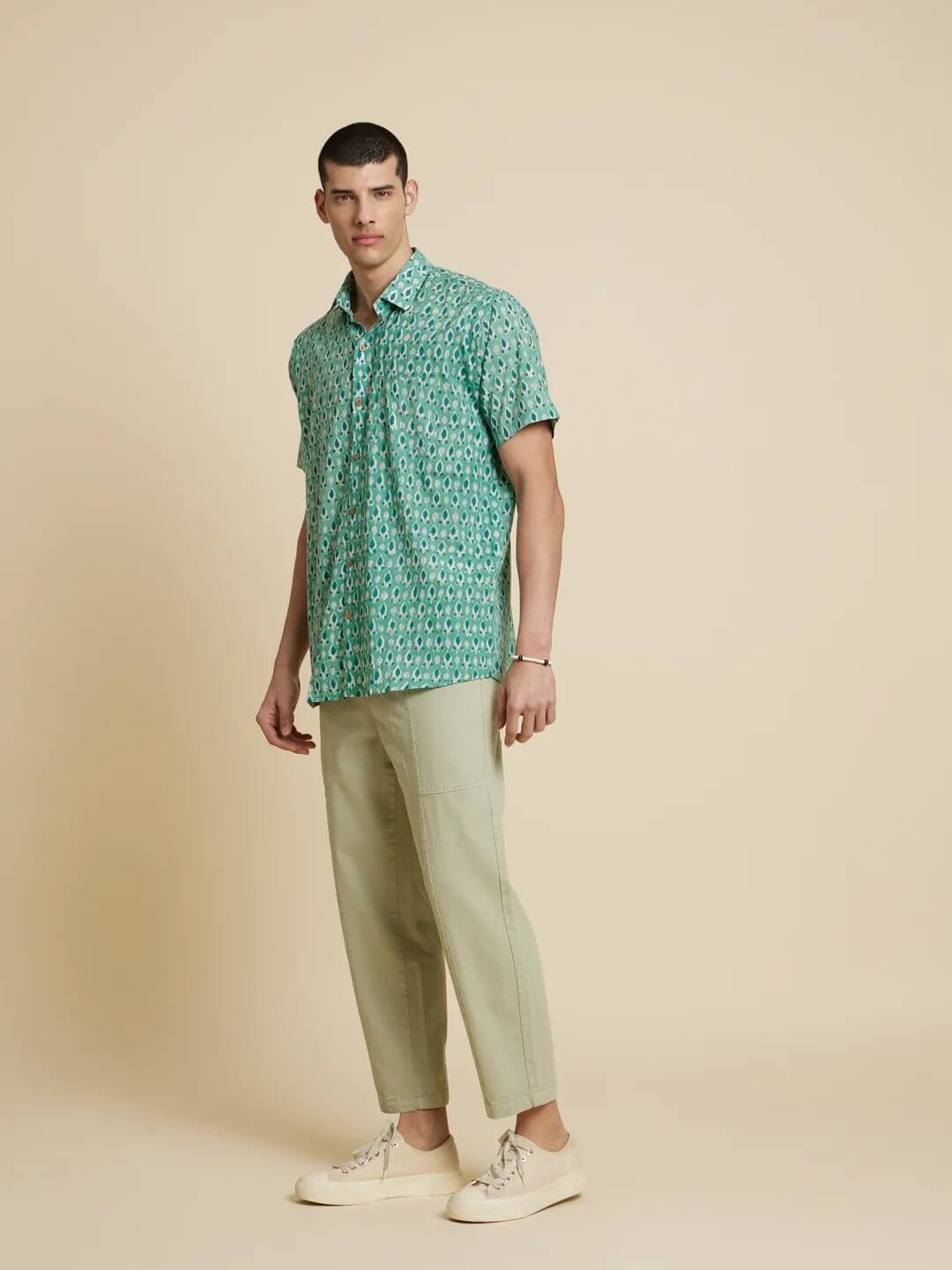 White Model wearing Holiday Handblock Printed Shirt by Brand Patrah