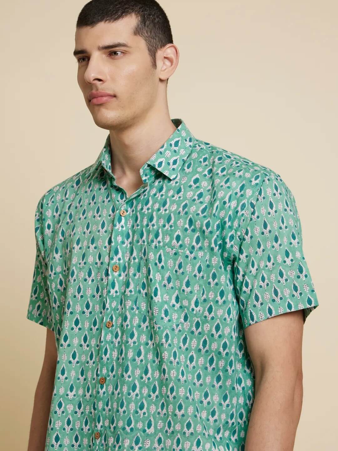 White Model wearing Holiday Handblock Printed Shirt by Brand Patrah