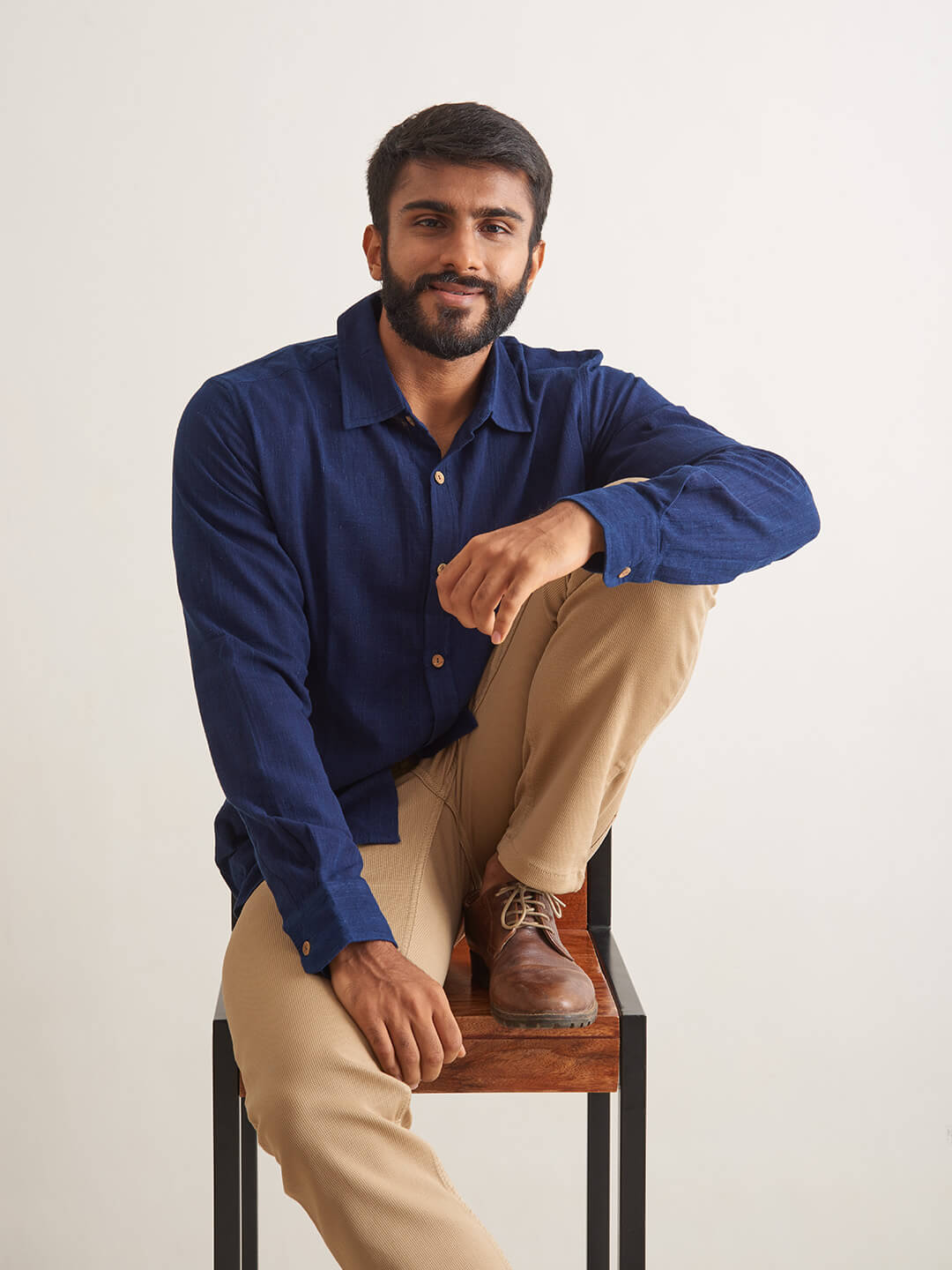 Brown Model wearing Indigo Ocean Handloom shirt by Brand Patrah