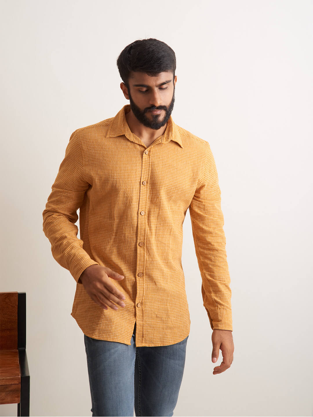 Brown Model wearing Mellow Sunrise shirt by Brand Patrah