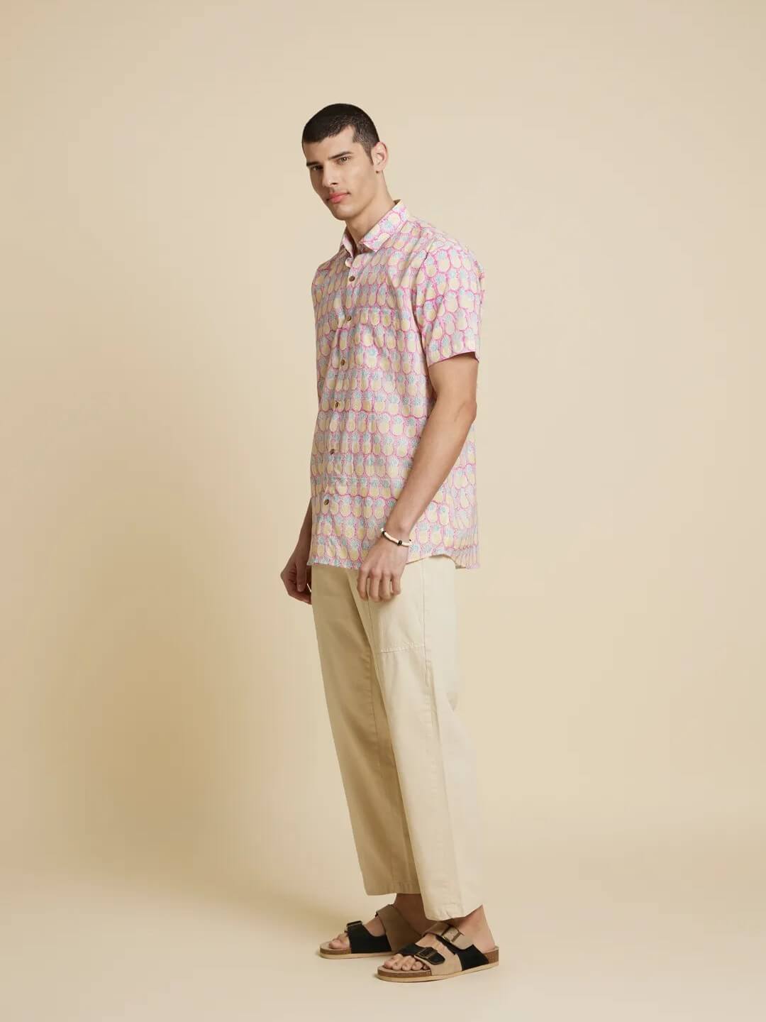 White Model wearing Purple Pineapple Handblock Printed Shirt by Brand Patrah
