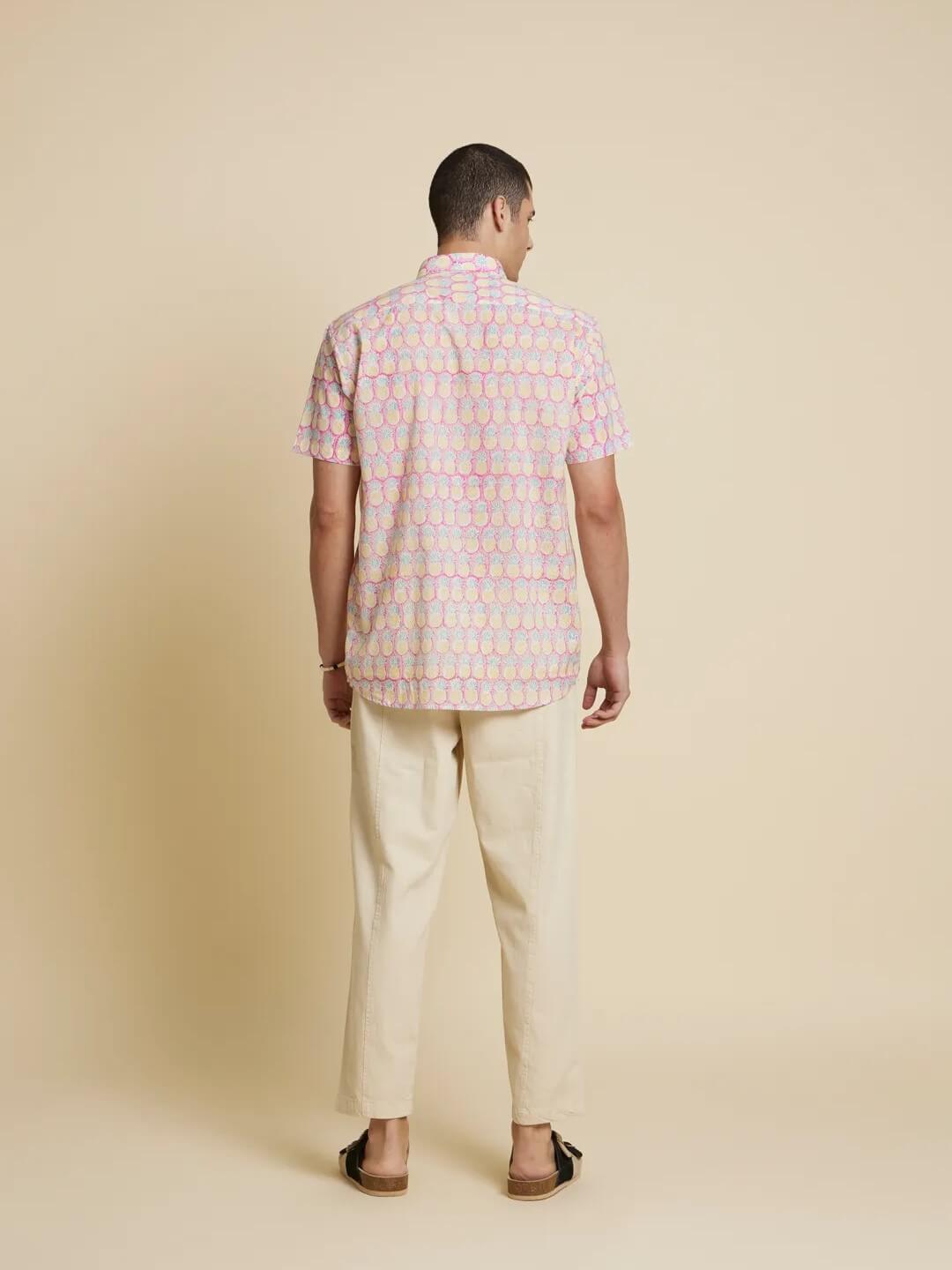 Model facing backwards wearing Purple Pineapple Handblock Printed Shirt by Brand Patrah