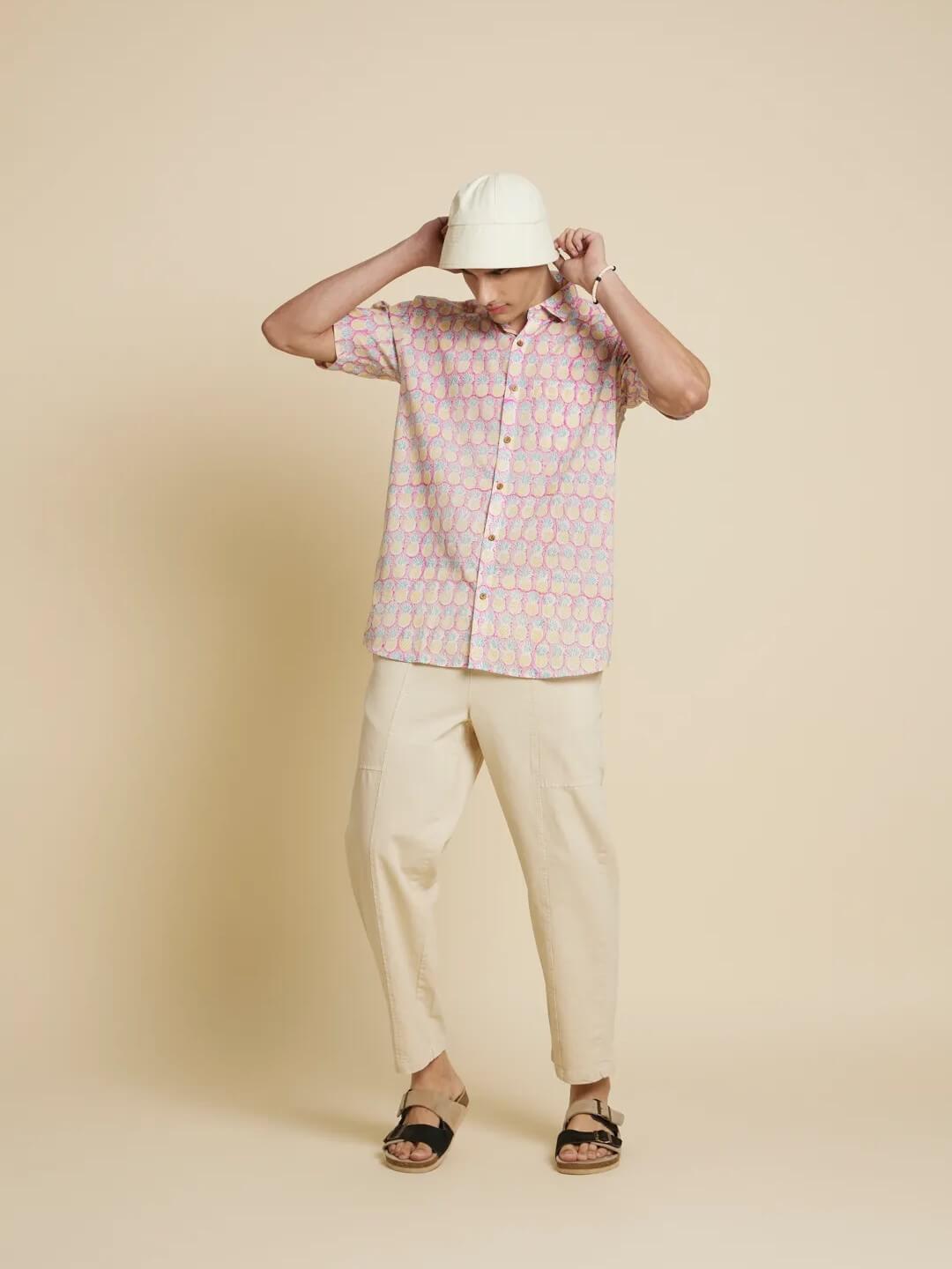 White Model wearing Purple Pineapple Handblock Printed Shirt by Brand Patrah