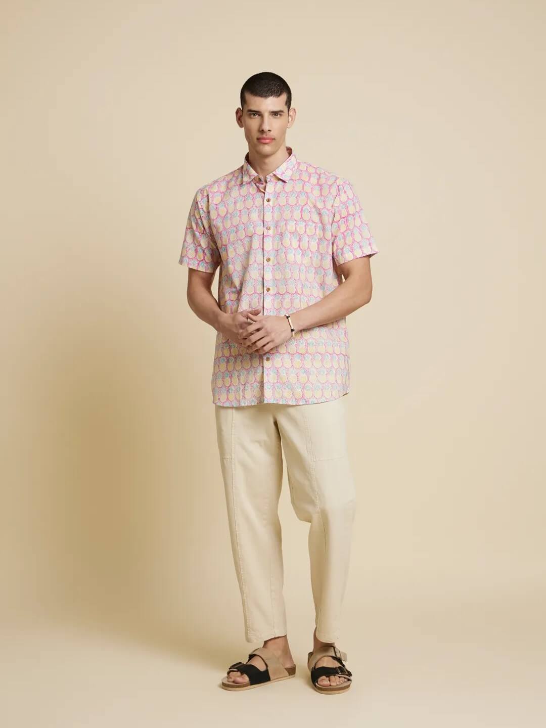 White Model wearing Purple Pineapple Handblock Printed Shirt by Brand Patrah