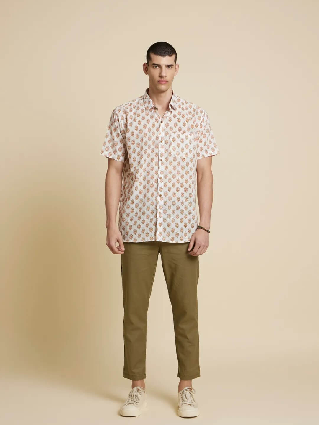 White Model wearing White Floral Handblock Printed Shirt by Brand Patrah