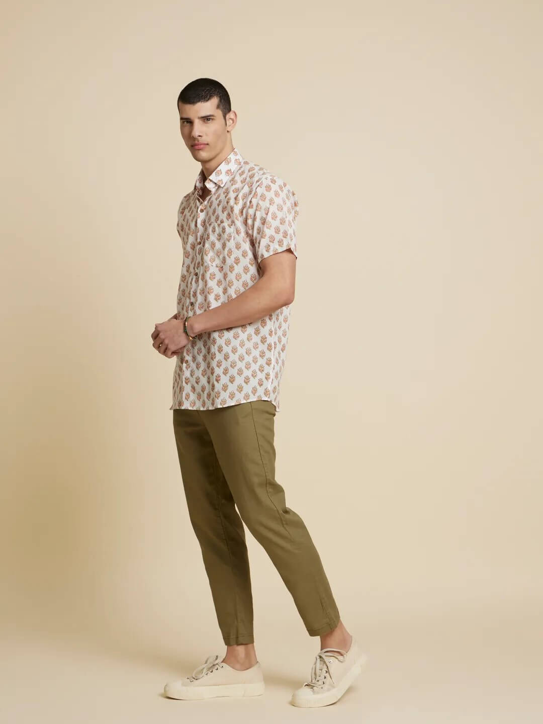 White Model wearing White Floral Handblock Printed Shirt by Brand Patrah