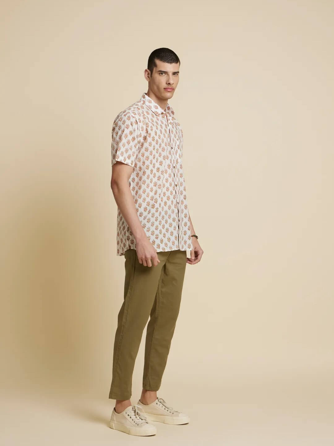 White Model wearing White Floral Handblock Printed Shirt by Brand Patrah